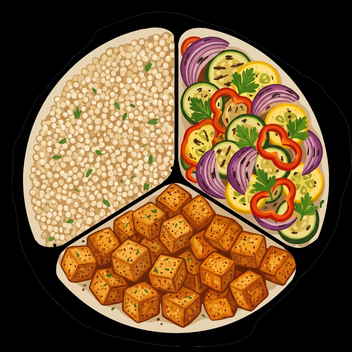 The menu is built around complete, plant-based meals suited to a day of study.
